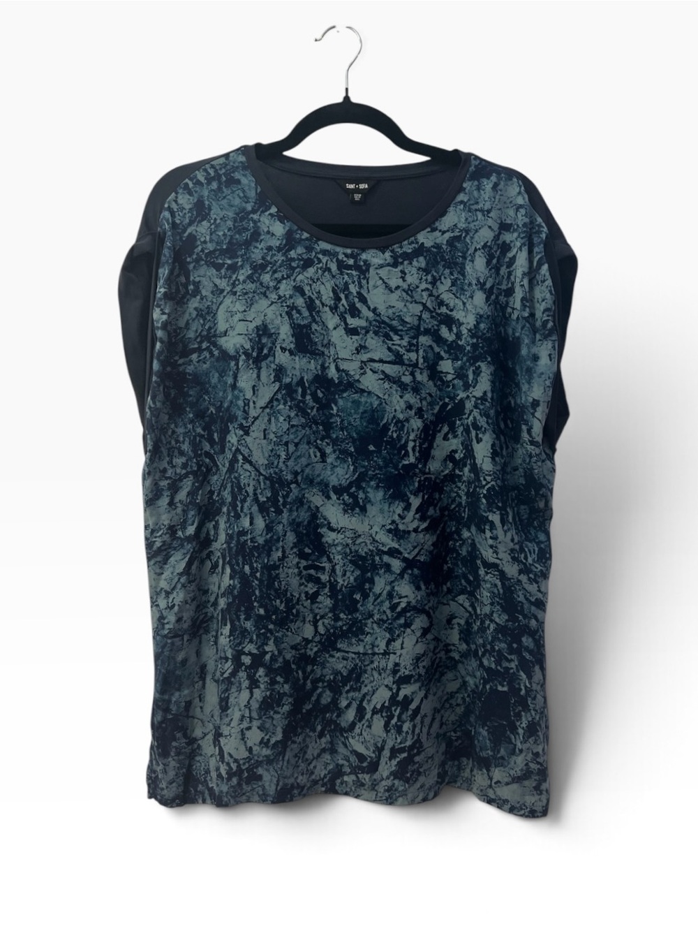 Saint + Sofia Turn Up Contrast Tee Blue Black Abstract Print Size 10